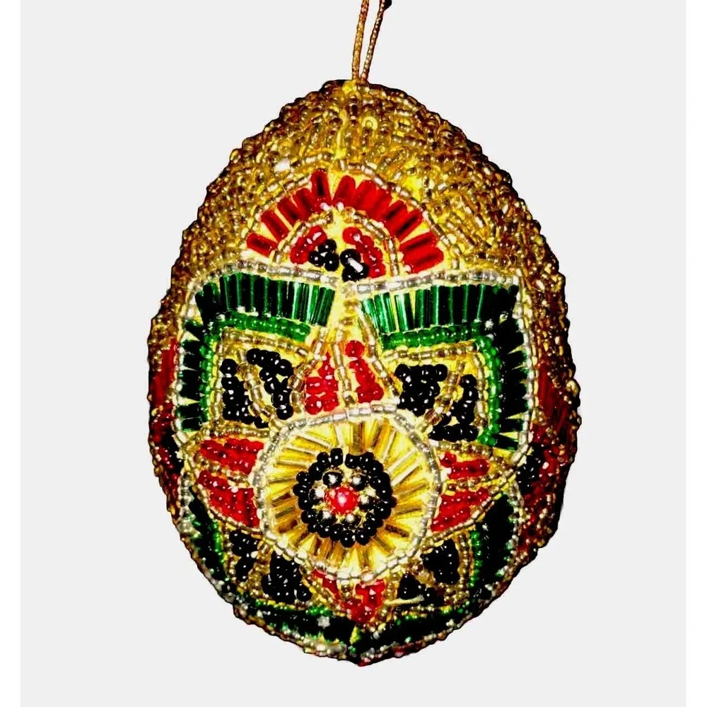 Vintage Handmade Red and Green Beaded Easter Egg Ornament Christmas Tree Decor